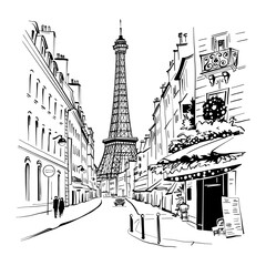Vector black and white of Paris street with street cafe and Eiffel Tower, Paris, France