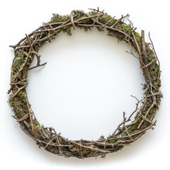 Interlocking twigs form a circular frame adorned with draping moss on a clean white backdrop
