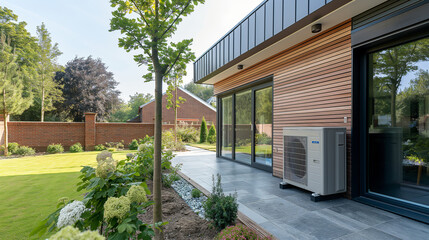 Air Source heat pump installation outside a newly built residential home