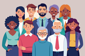 A cartoon illustration of a diverse group of people standing together and smiling.