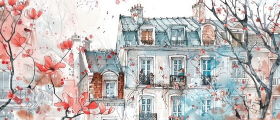 A warm and inviting house on a busy street, brought to life in a gentle watercolor drawing