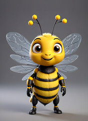 A 3D animated Cute Cartoon Bee Rigged PBR Low-poly Character 3D Rendered on Gray Background.