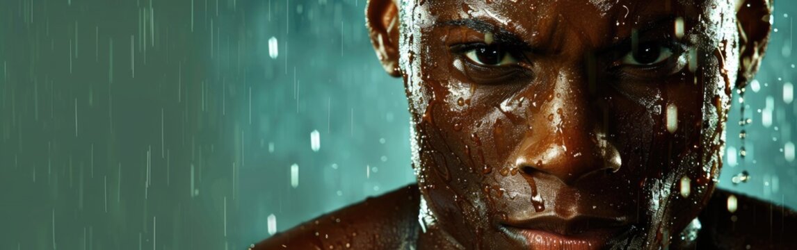 A close-up portrait of an African American athlete, drenched in rain, with a determined expression