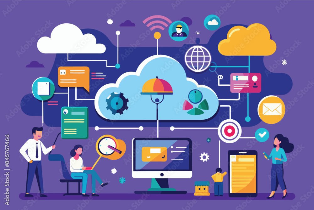 Poster a colorful illustration depicting a cloud computing network with various users, devices, and data el
