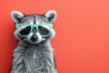 A raccoon wearing blue glasses looks directly at the camera against a solid red background