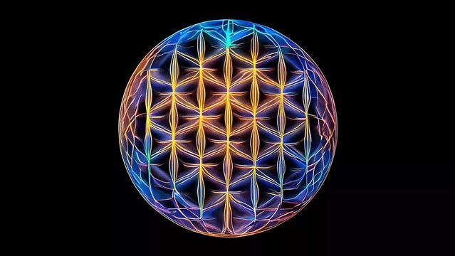 Colorful Flower of Life Sphere Geometric Pattern Mandala Sacred Geometry on Black Background