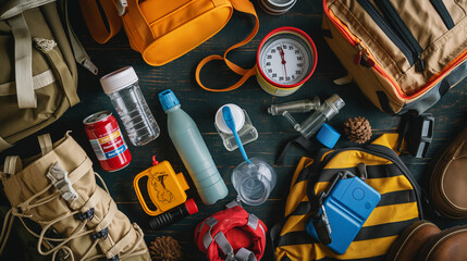 Top view of items useful in emergency situations like natural disasters
