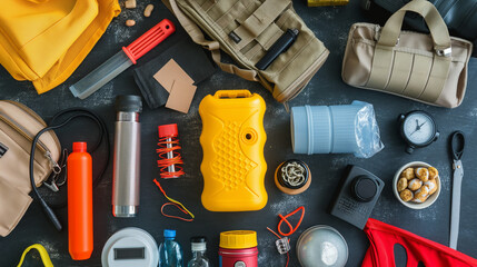 Top view of items useful in emergency situations like natural disasters