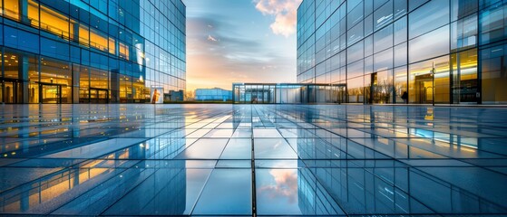 modern architecture expo building with wood and glass, dusk sky, large canopy over the entrance doors