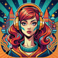 This image features a stylized illustration of a girl wearing headphones, rendered in a simple, abstract art style. The design emphasizes clean lines and vibrant colors, making it ideal for a variety 