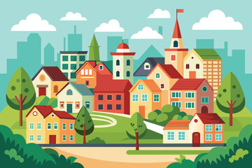 Naklejka premium An illustration depicting a suburban neighborhood with houses, trees, and a winding pathway. The houses are brightly colored, and the style is cartoonish.
