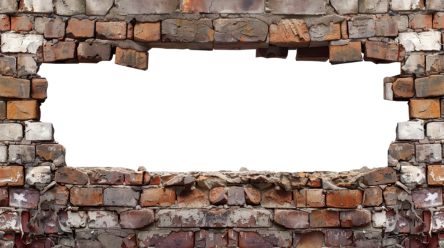 Brick wall with a large transparent hole in the centre, creating a rustic and weathered look. Suitable for backgrounds or designs with text space.