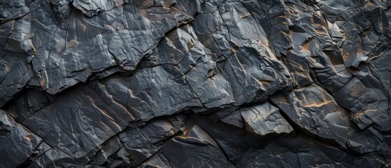 Deep black rock texture features intricate patterns, resembling veins of obsidian in darkness