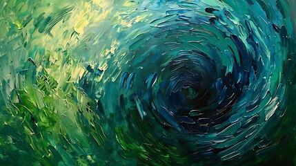 A bold, abstract acrylic painting with swirling blues and greens, evoking the ocean's depths