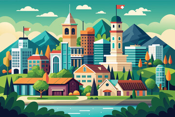 A vibrant illustration depicting a city landscape with diverse buildings, lush greenery, majestic mountains, and a flowing river.