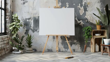 Blank canvas on easel in a creative studio with plants. Mockup
