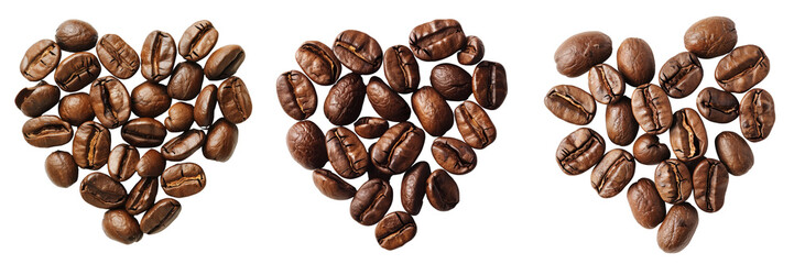 set of coffee beans forming a heart shape isolated on transparent background