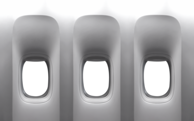 Airplane interior with window open isolated on white background,,Airplane window, Inside Passenger plane looking through a big jet passenger plane window, Isolated Windows Plane with clipping path