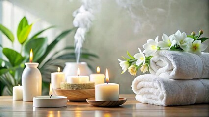 luxurious spa video background with candles, rolled towels, and flowers, serene atmosphere for relaxation and wellness, concept for spa retreats, beauty salons, wellness centers