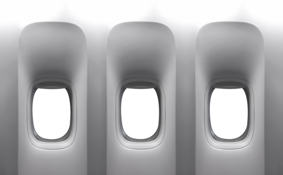 Airplane interior with window open isolated on white background,,Airplane window, Inside Passenger plane looking through a big jet passenger plane window, Isolated Windows Plane with clipping path