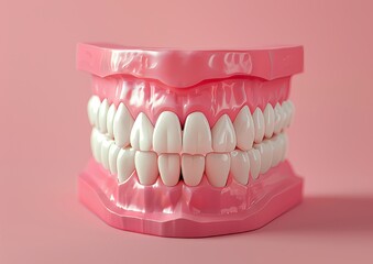Obraz premium Dental model of the lower jaw with white teeth on pink background.