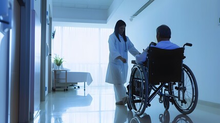 Doctor assisting a senior patient in a wheelchair in a bright hospital corridor.