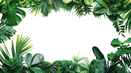 Lush green border of tropical leaves on white background.