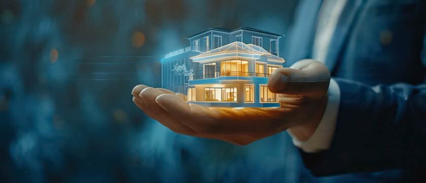 Businessman showcases a digital luxury house hologram, representing upscale real estate ventures