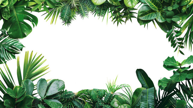 Lush green border of tropical leaves on white background.