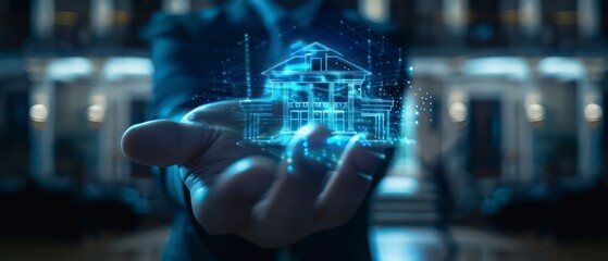 Businessman showcases a digital luxury house hologram, representing upscale real estate ventures
