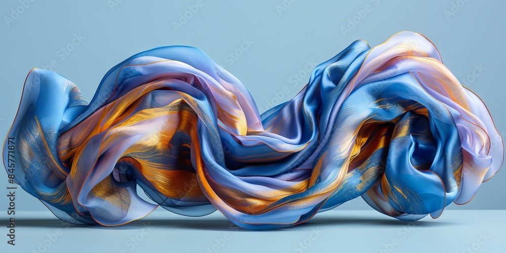 Poster Abstract with smooth, wavy lines in bluish and gray tones. Translucent forms of movement and lightness on a white background.