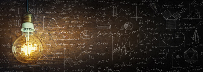 Glowing lamp as a symbol of scientific thought against the background of physical and mathematical formulas. Science and education idea cooncept background.