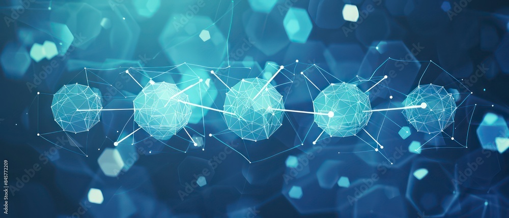 Poster abstract blue background with light polygons forms a flowchart featuring large white circles in line