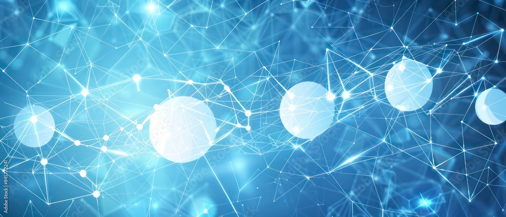 Poster abstract blue background with light polygons forms a flowchart featuring large white circles in line