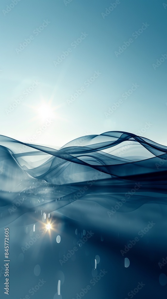 Poster abstract with smooth, wavy lines in bluish and gray tones. translucent forms of movement and lightne