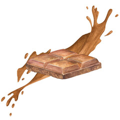 Chocolate watercolor illustration with splashes of hot cocoa chocolate , hand drawn. Drawing of chocolate bar. Engraving for food packaging design