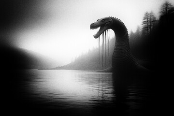 Naklejka premium Loch Ness, Scotland, UK, illustration based on an Iconic 'Nessie' photo that emerged 1933, sparking Loch Ness Monster legend