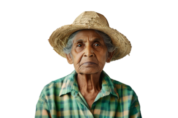 Portrait of an elderly woman with a straw hat and a green checkered shirt.