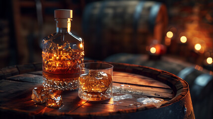 A bottle of whisky and a glass of whisky on a wooden table
