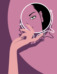 Female hand holding a round mirror with a reflection of woman's eye. Vector illustration in colorful flat design style