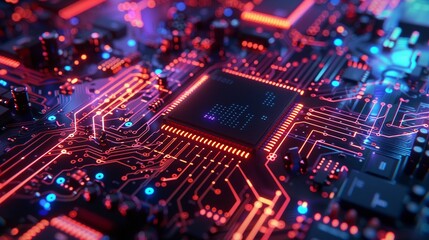 Obraz premium Threedimensional electronic circuit with integrated microprocessor, graphic visualization of hardware connections, vibrant and technical design 8K , high-resolution, ultra HD,up32K HD