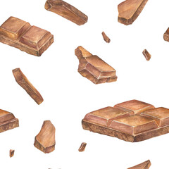 Seamless pattern with chocolate watercolor illustration, hand drawn. Drawing of chocolate bar. Engraving for food packaging design