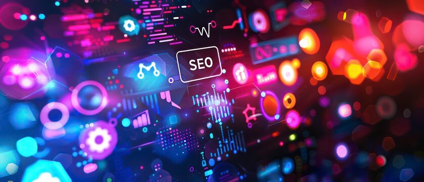 seo modern web interface, vibrant icons float over analytics graphs, symbolizing a strategic approach to digital marketing