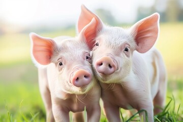 Close-up photo of cute piglets outside in a field, focusing on their expressive eyes and soft pink skin. The background is blurred to highlight the adorable young pigs. 