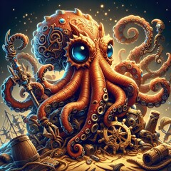 Obraz premium Vibrant Octopus: A Detailed Underwater Fantasy Art of Marine Life in Warm Light