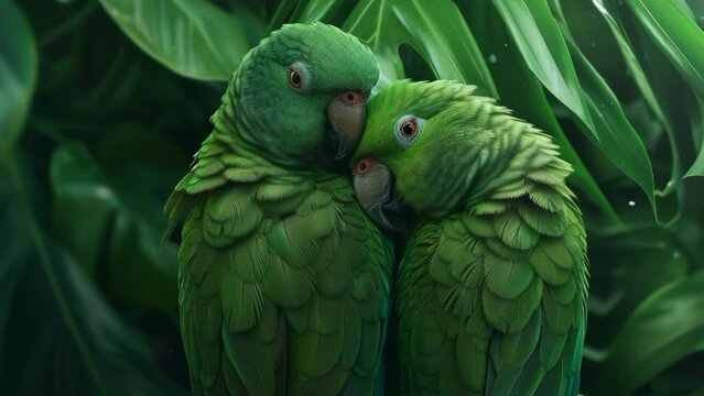 Two green parrots cuddling among tropical leaves, close-up view. Love and companionship concept. Generative AI