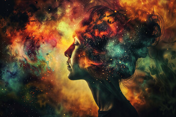 Surreal Artistic Portrait of a Woman in Profile with Cosmic and Nebula-Like Effects Representing Imagination, Consciousness, and the Inner Universe