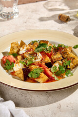 Crispy Eggplants with Tomatoes and Cheese in Sweet and Sour Sauce on Sunlit Table