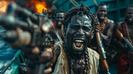 African pirates hefting arms provoke a sense of dread aboard a hijacked ship, their extravagant commands resonating