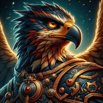 A regal eagle warrior adorned in ornate golden armor under a mystical sky